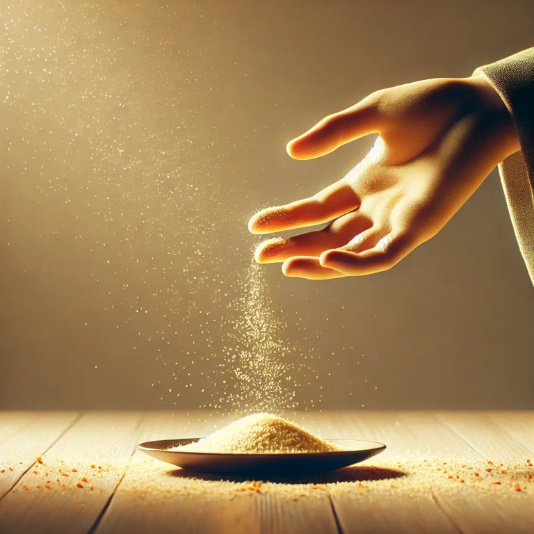 A hand reaching out for crumbs falling from a table, symbolizing faith, humility, and treasuring even small blessings.